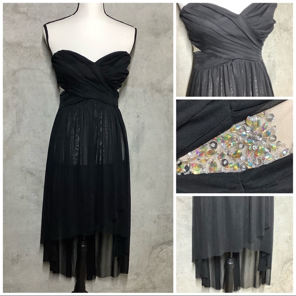 🌺 STRAPLESS DRESS HILO SHEER BLING PADDED MIDI HEART TOP HIGH LOW PETITE SMALL - Picture 5 of 16